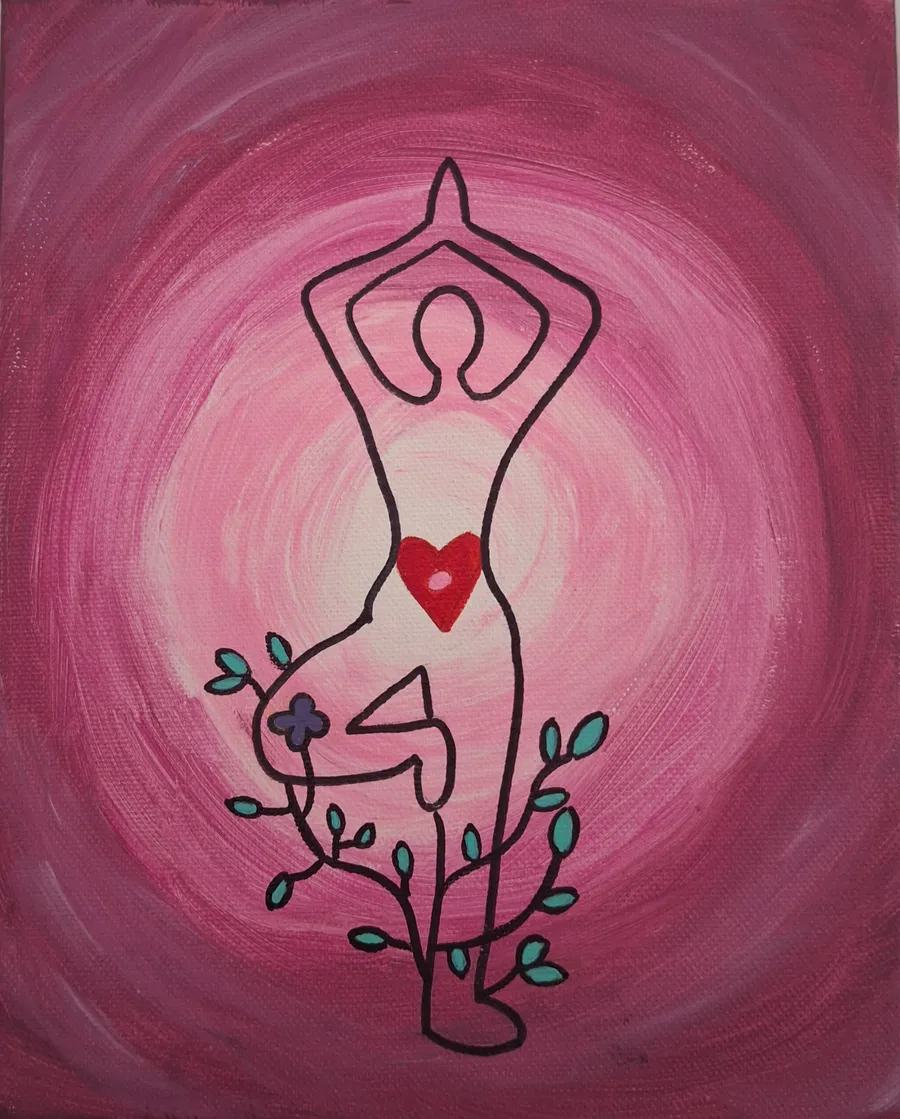 Cuadro pintado a mano: una figura de yoga con un corazón